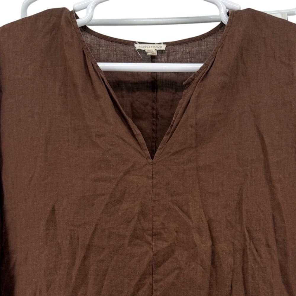 Eileen Fisher Brown 100% Organic Linen V-Neck 3/4 Sleeve Tunic Top M/M